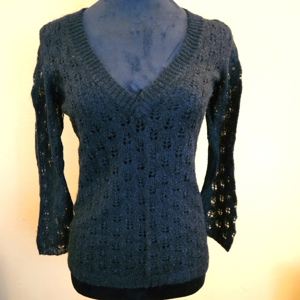 Old Navy Black V-Neck Open Hole Sweater with Cable Knit
